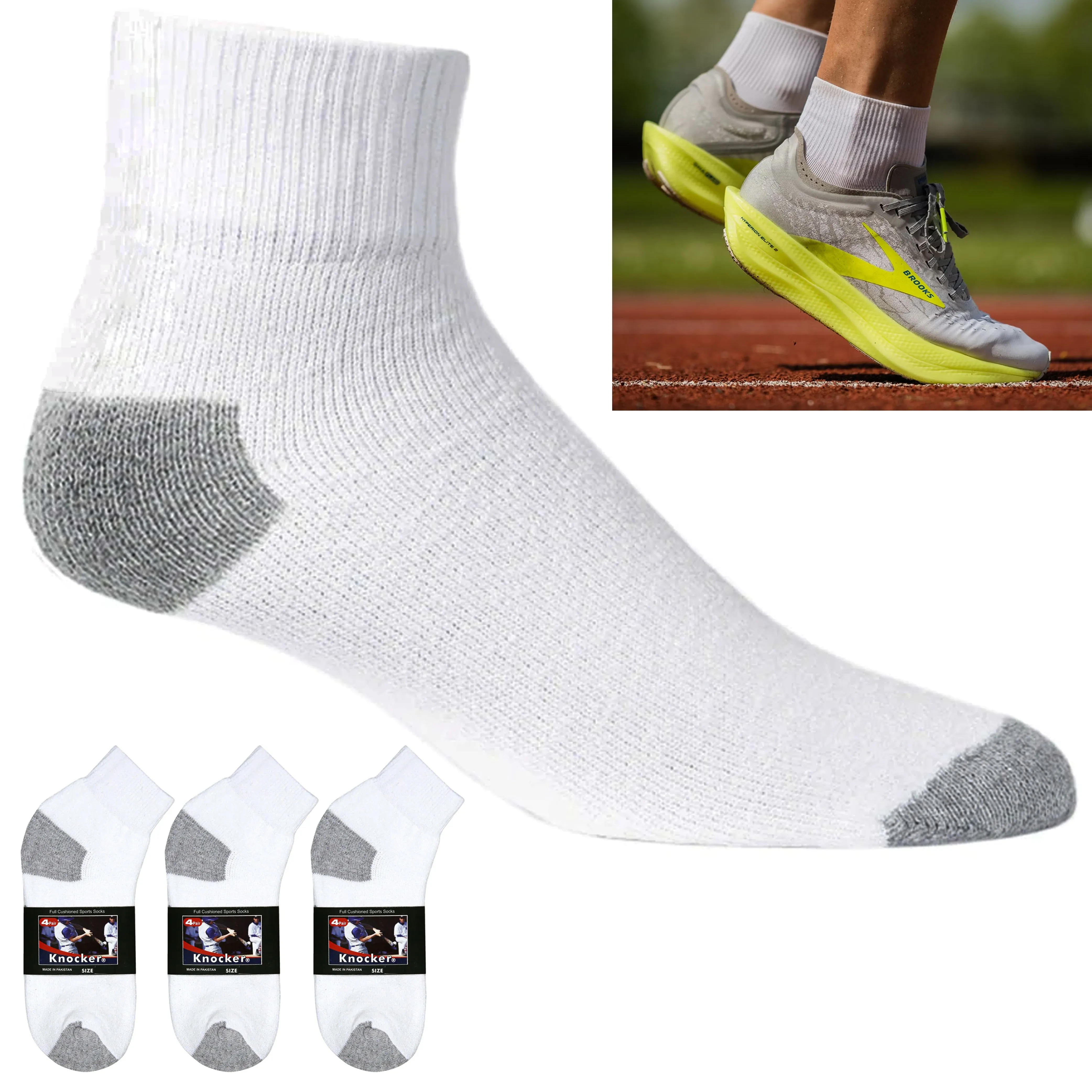 12 Pairs Men's Classic Cotton Sports Socks Ankle Quarter White Grey Crew 10-13