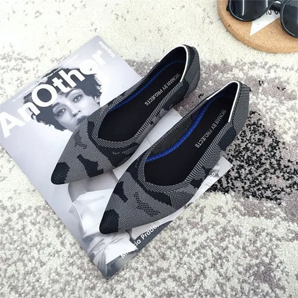 2021 Women's Flat Shoes Ballet Shoes Breathable Knit Pointed Shoes Moccasin Mixed Color Women's Soft Shoes Women Zapatos De